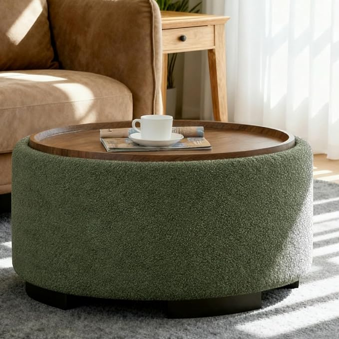 29.5 Inch Round Storage Ottoman Coffee Table, Modern Circle Coffee Table by Coziture