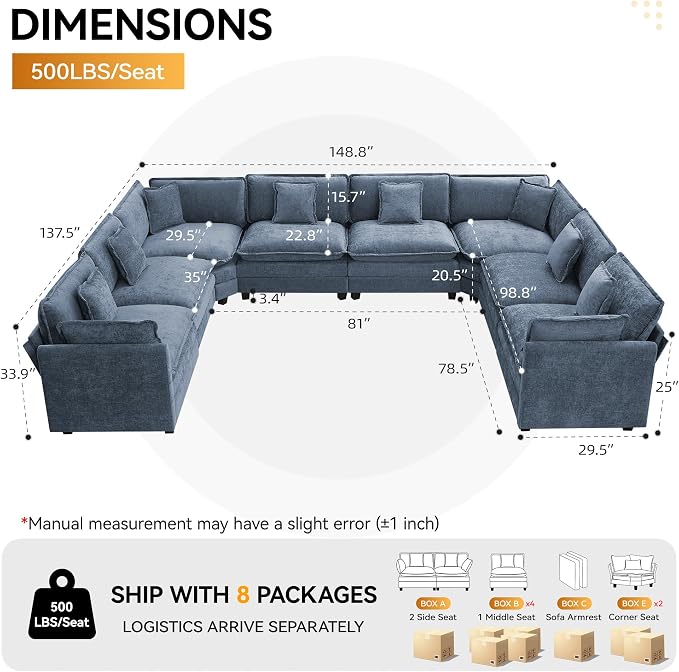 147'' Oversized U Shaped Cloud Sectional Sofa, Chenille Deep Seat Couches - Image 2
