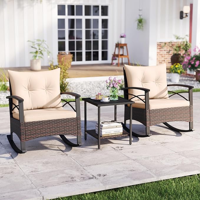 Tangkula 3 Pieces Outdoor Rocking Chairs Set, Rattan Heavy Duty Cushioned - Image 2