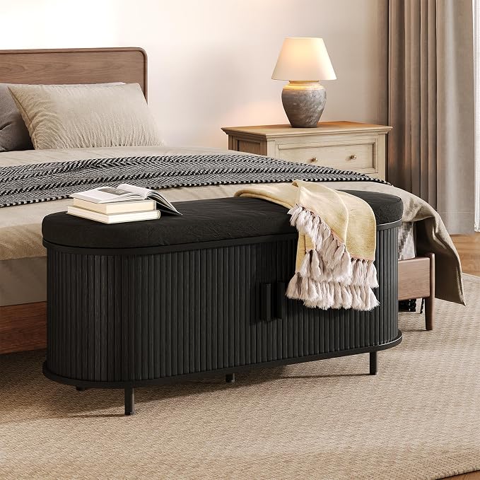 Oval Shoe Storage Bench with Padded Seat Cushion, 2-Tier Fluted Shoe Cabinet - Image 7