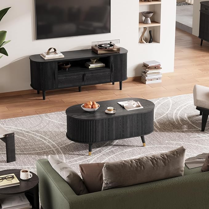 SULIVES Oval Coffee Table with Storage, Small Fluted Center Table - Image 8