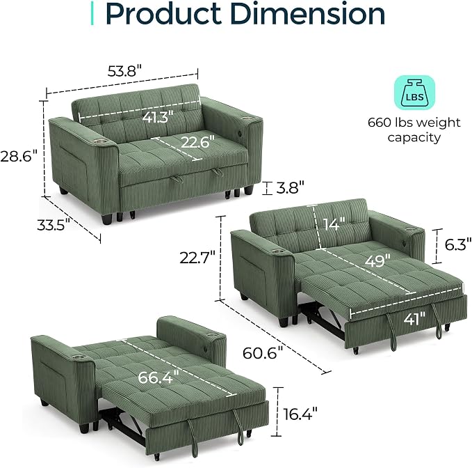LINSY 54" Pull Out Couch with Charging Station - Image 2