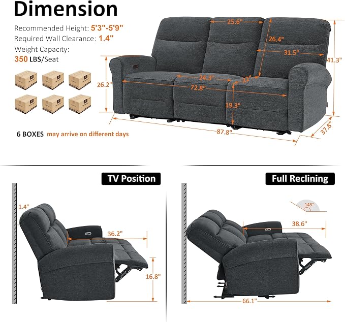 MCombo 87.8" Wall Hugger Power Reclining Sofa, 3-Seat Triple Recliner Couch - Image 3
