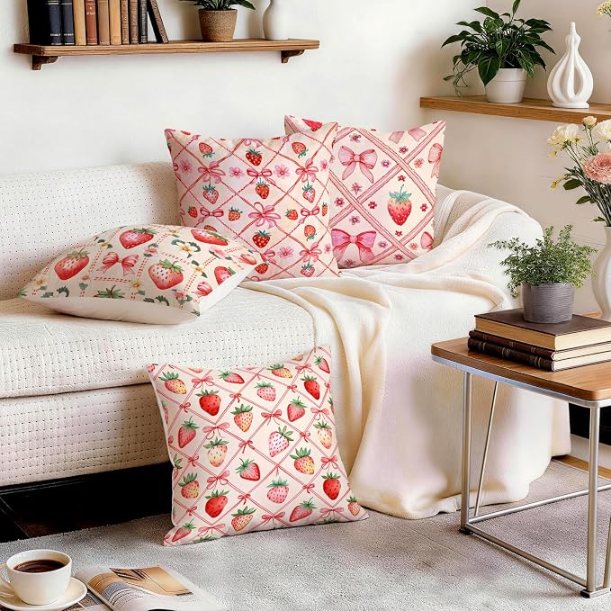 OBSEDE Pink Bow Strawberry Throw Pillow Covers 18 × 18 in, Couch Cushion Cases - Image 9