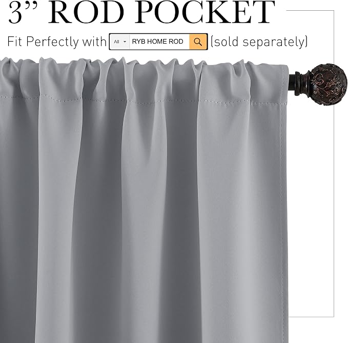 RYB HOME Short Silver Grey Blackout Curtains - Image 2