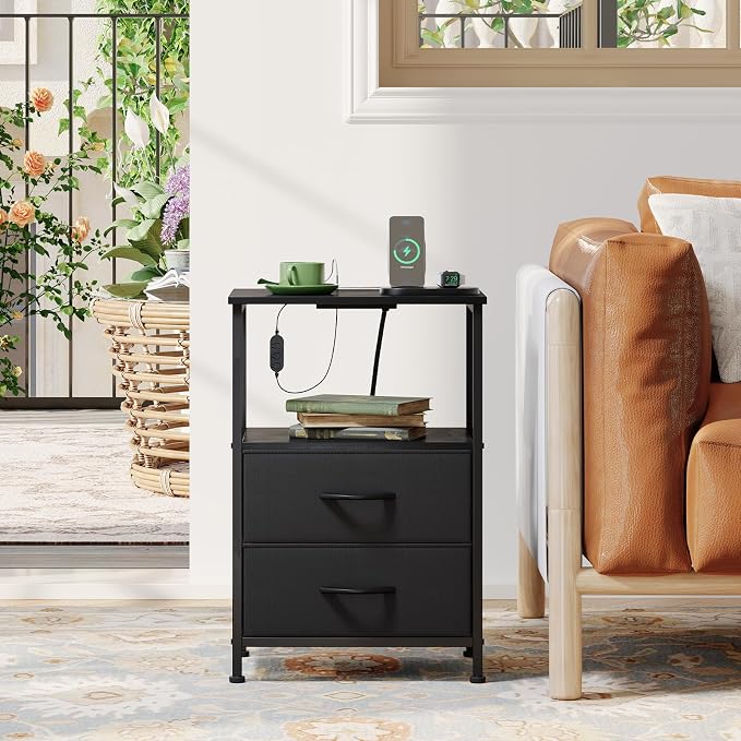 Somdot Black Nightstand with Charging Station and LED Light - Image 7