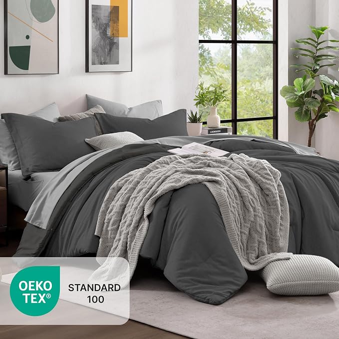 Monbix Full Size Comforter Set, Dark Grey Bedding Comforter - Image 5