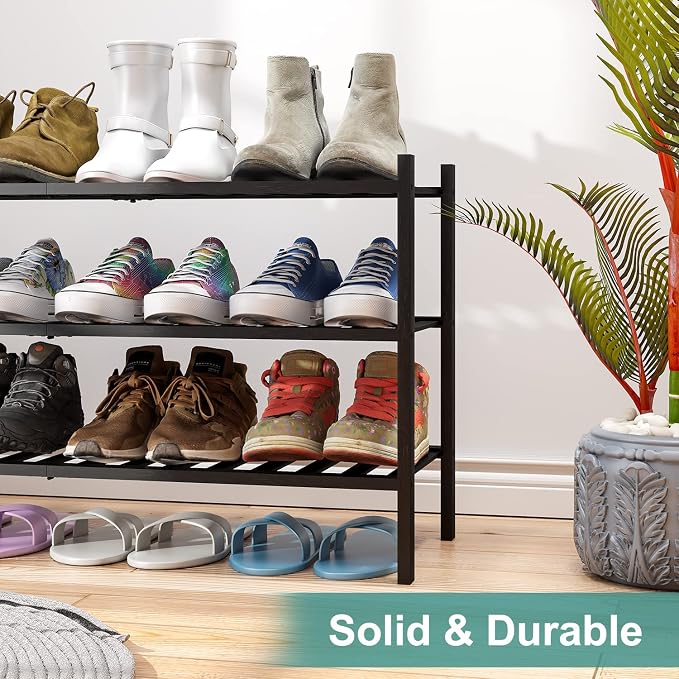 viewcare 3-Tier Long Black Shoe Rack, Bamboo Wood Shoe Rack - Image 8