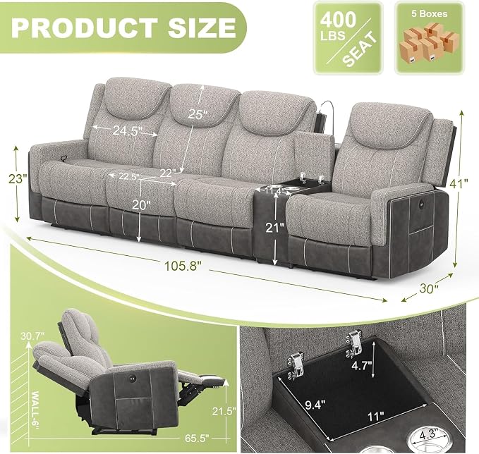 Dresegmt 4 Seat Recliner Sofa, Manual Recliner Couch - Image 2