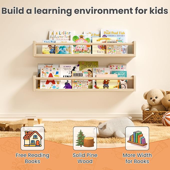 upsimples 2 Pack Nursery Book Shelves, 23.6 Inch Floating Bookshelves - Image 3