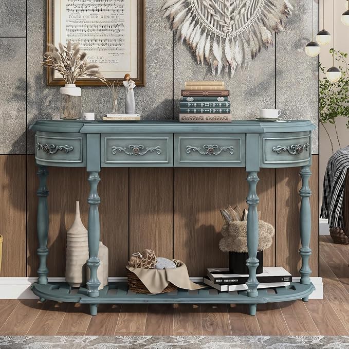 Retro Curved Console Table, Antique Blue - Image 3