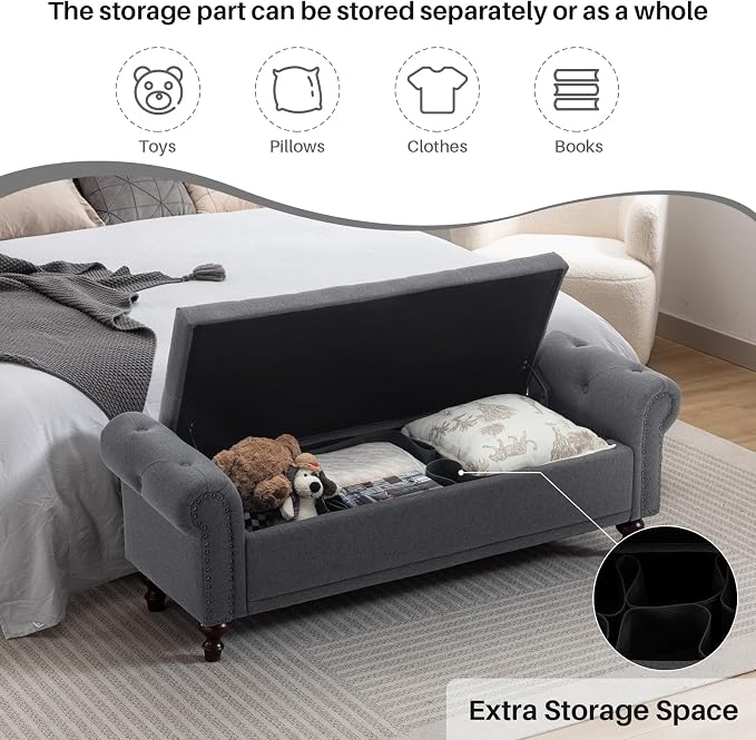 SOFTHION 58.1" Storage Bench Upholstered Linen End of Bedroom Bed Bench Ottoman - Image 3