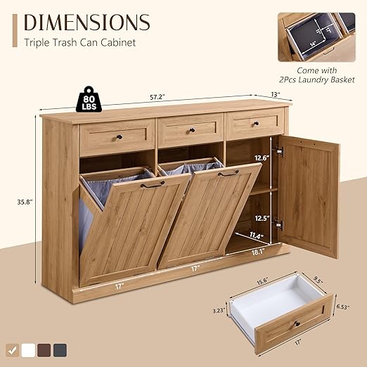 IFGET Triple Tilt Out Trash Can Cabinet, 20 Gallon Farmhouse Laundry Hamper - Image 2