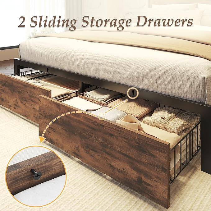Lifezone Full Bed Frame with 2-Tier Storage Headboard, Metal Bed Frame with - Image 5