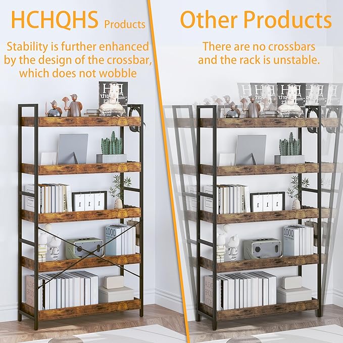 HCHQHS 5 Tier Bookshelf, Adjustable Industrial Bookcase, Vertical Tall Book - Image 6
