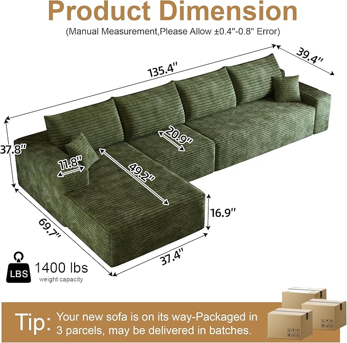 136" Sectional Couches for Living Room Cloud Couch Sofa - Image 2