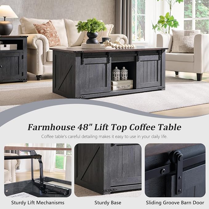 IFGET Farmhouse Furniture Set of 3, Includes 48" Lift Top Coffee Table - Image 3