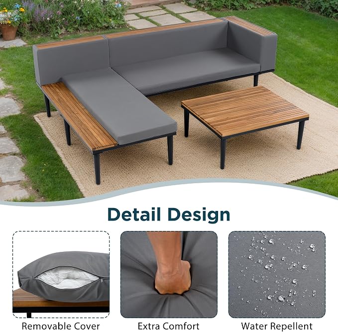VilroCaz Luxury Outdoor Patio Furniture Set, L-Shaped Acacia Wood Sectional Sofa - Image 5