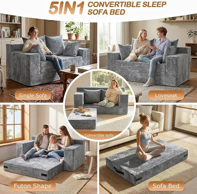 Loveseat Sofa Bed, Convertible Silky Velvet 5-in-1 Foldable Boneless Sleeper - Image 3