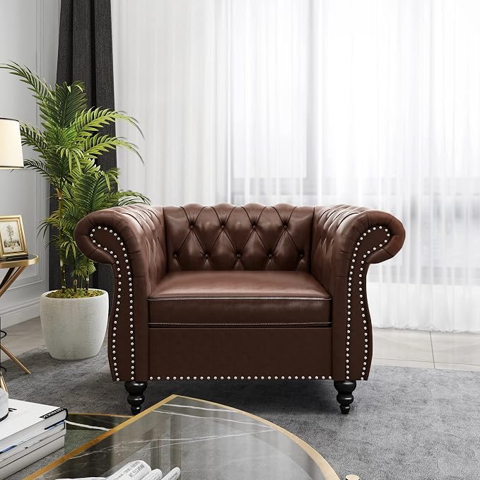 ORRD 2 Piece Living Room Set, Chesterfield Leather Sofa Couch Chair - Image 2