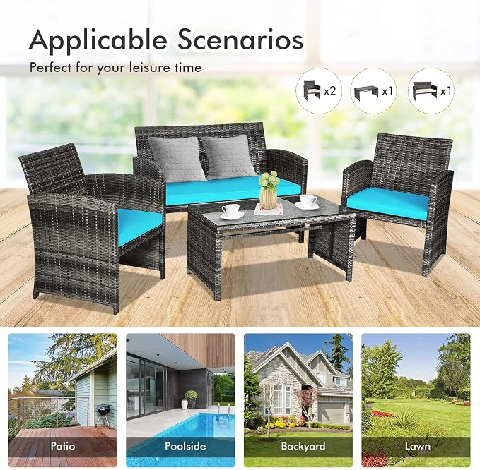 Goplus 4-Piece Rattan Patio Furniture Set, Outdoor Wicker Conversation Sofa - Image 8