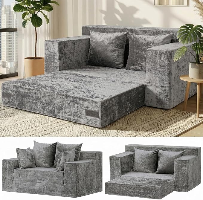 Loveseat Sofa Bed, Convertible Silky Velvet 5-in-1 Foldable Boneless Sleeper by AOLVDOW