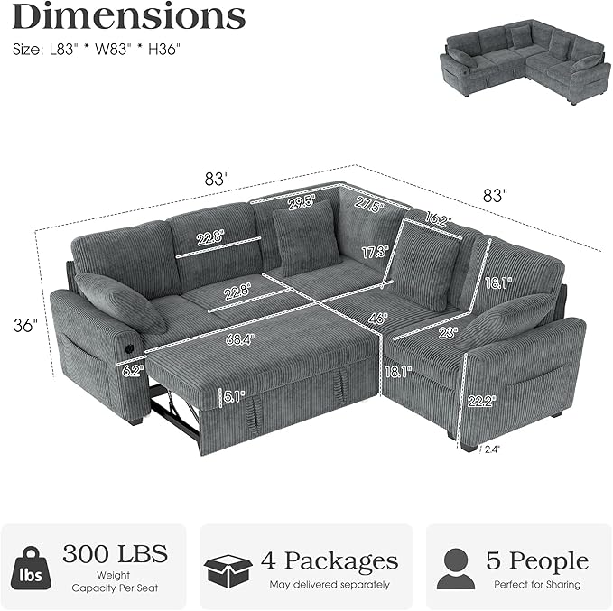 Ihanherry 83-inch 5-Seater Large Sectional Sofa Bed - Image 2
