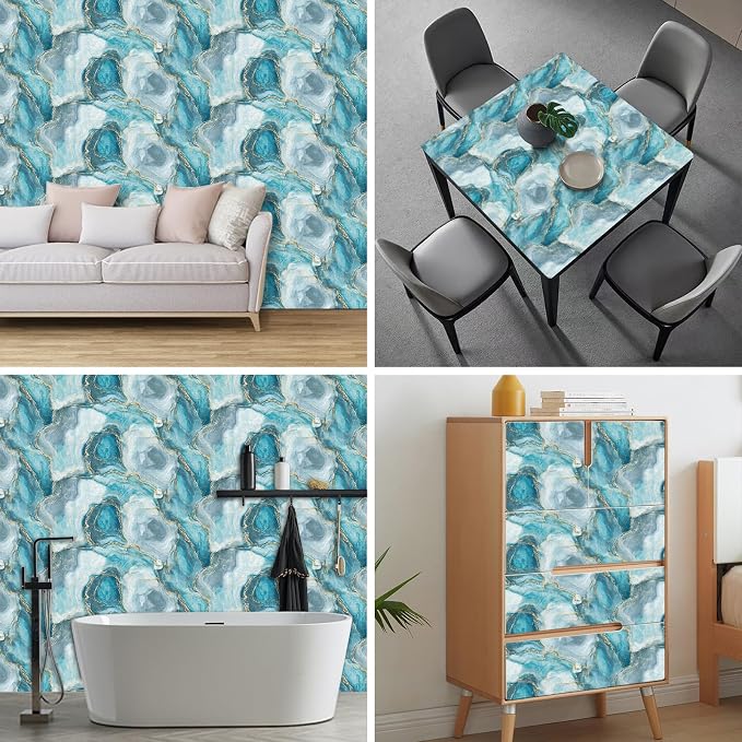 HOMETITUTE Teal Agate Marble Wallpaper Peel and Stick Blue Stone Pattern - Image 8