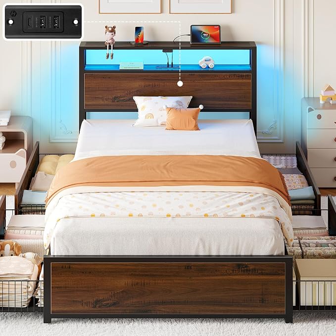 Rolanstar Twin Bed Frame with 4 Storage Drawers, Charging Station and LED Lights - Image 8