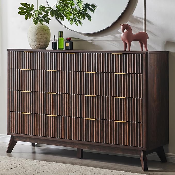 T4TREAM Fluted 9 Drawers Dresser, Curved Profile Design, Dresser TV Stand by T4TREAMFurniture