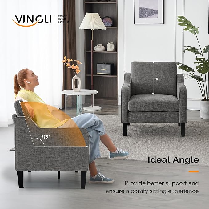 VINGLI Accent Chairs Set of 2 for Living Room, Light Grey Mid Century Modern - Image 4