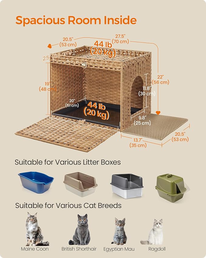 Feandrea Cat Litter Box Enclosure, Handwoven Rattan Hidden Litter Box Furniture - Image 6