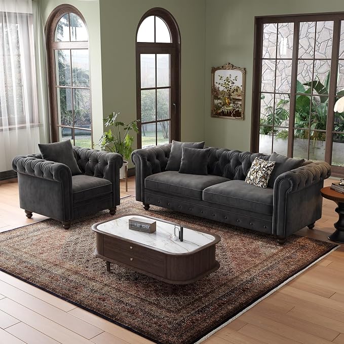 ONBRILL 82 Inch Chesterfield Sofa, 23 Inch Deep Seat Velvet Couch - Image 6
