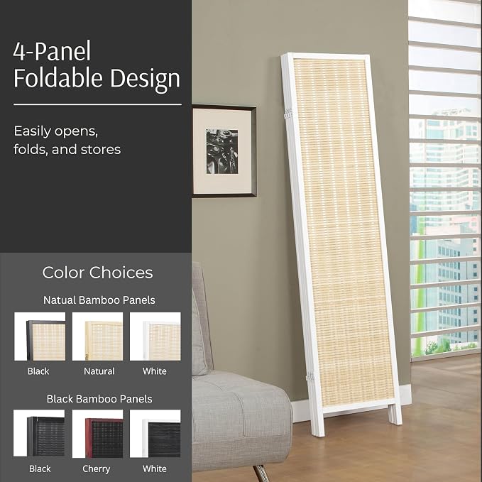 Roundhill Furniture Inkwell 4-Panel Bamboo Room Divider, Folding Portable - Image 3