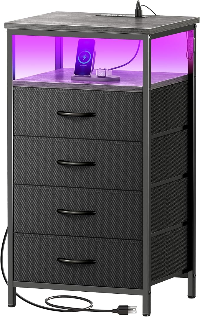 Huuger Night Stand with Charger Station and LED Lights, 4 Drawer Nightstand by Huuger