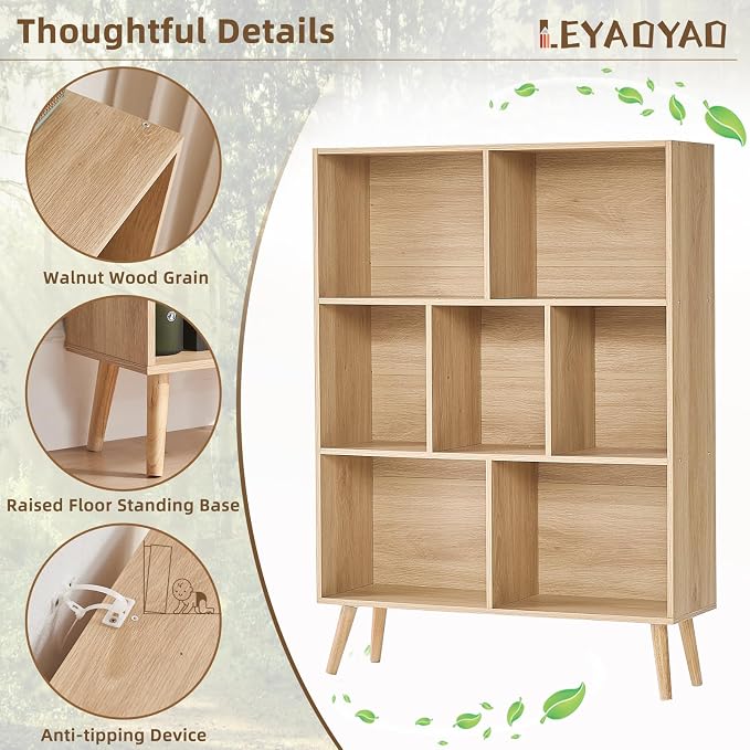 LEYAOYAO Cube Bookshelf 3 Tier Mid-Century Light Wood Modern Bookcase - Image 7