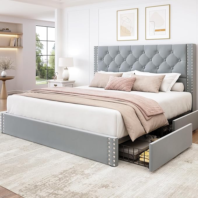 LARMACE Queen Size Bed Frame Upholstered Platform Bed by LARMACE