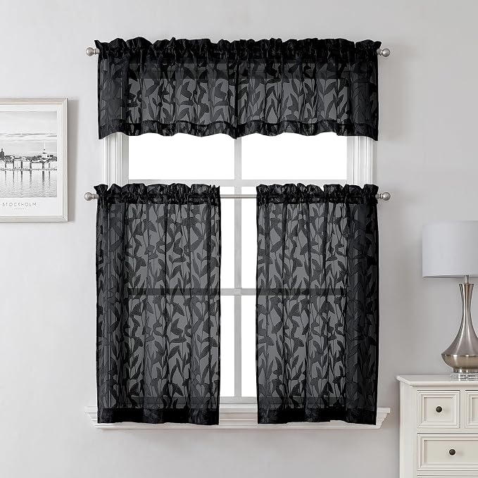Lecloud Leia Black Sheer Curtains 30 Inch Length 2 Pieces, Breathable Jacquard - Image 7