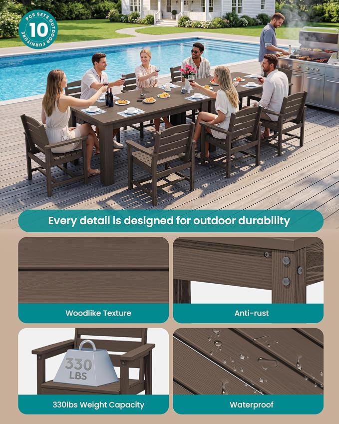 SERWALL HDPE Dining Set for 8: 2 Umbrella Hole Tables + 8 Chairs. Includes 8 - Image 2