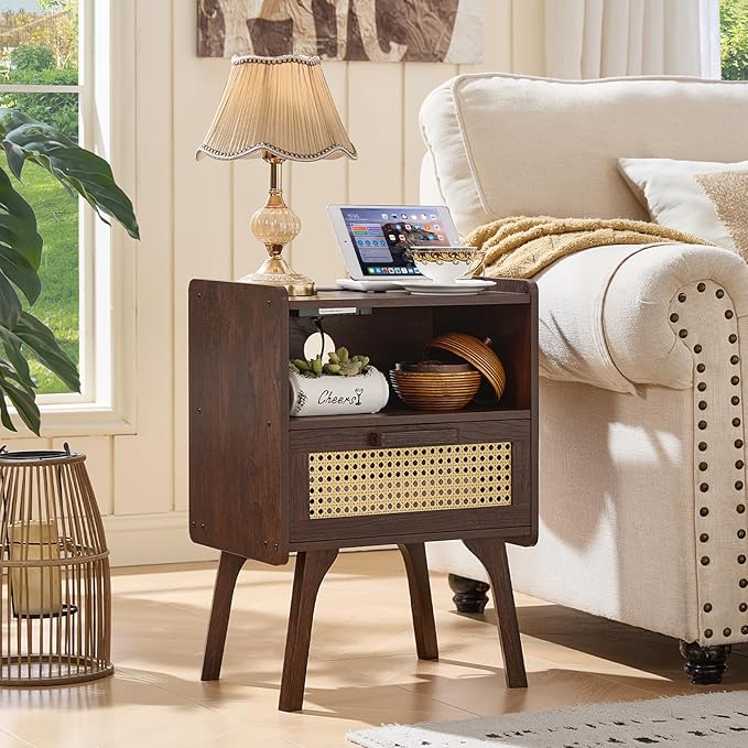 Lerliuo Rattan Nightstand with Charging Station, Walnut Bedside Table with - Image 2