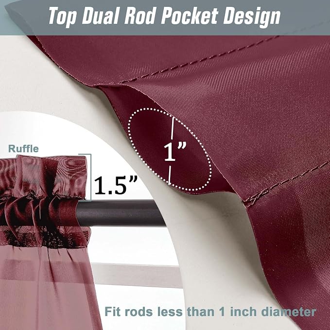 Burgundy Sheer Curtains for Window 72 inches Long 2 Panels, Soft Airy Light - Image 3