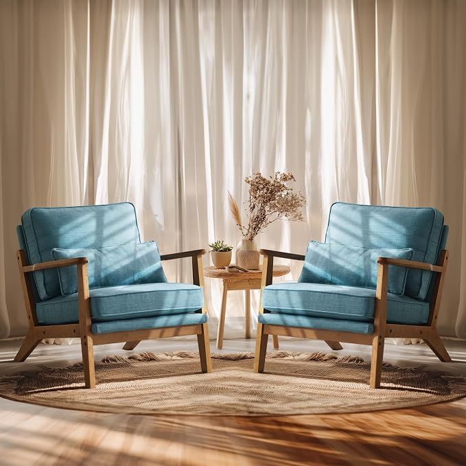 VINGLI Solid Wood Wide Armrests Accent Chair Set of 2, Upholstered Mid Century by VINGLI