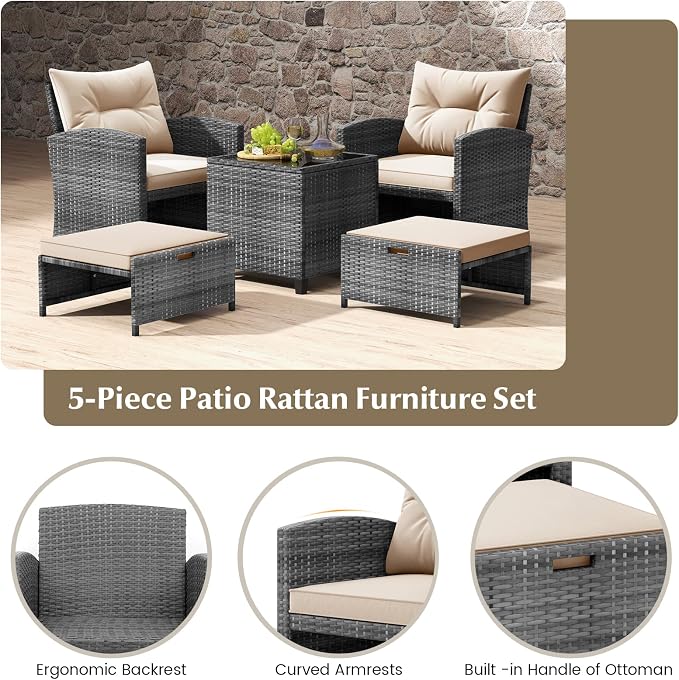 Tangkula 5 Pieces Patio Conversation Set, PE Wicker Rattan Outdoor Furniture Set - Image 8