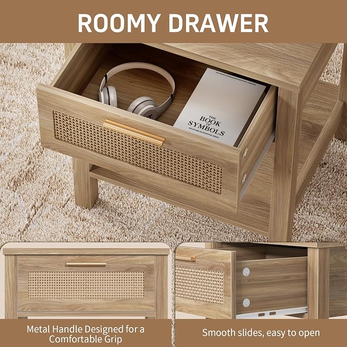 Rattan Nightstand Set of 2, Natural Style Night Stand - Image 4