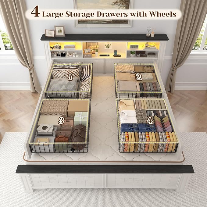 EnHomee Queen Bed Frame with Headboard and Storage, 4 Drawers and LED Built in - Image 5