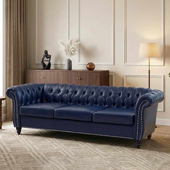 Mid-Century 3 Seater Sofa, Faux Leather Couch by YUCHIATHSoulFurniture