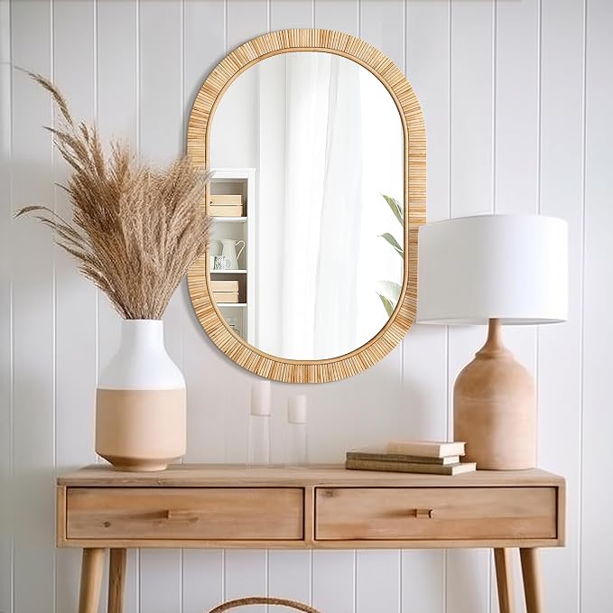 Barnyard Designs Oval Rattan Wall Mirror, Natural Tan Woven Rattan Frame - Image 4