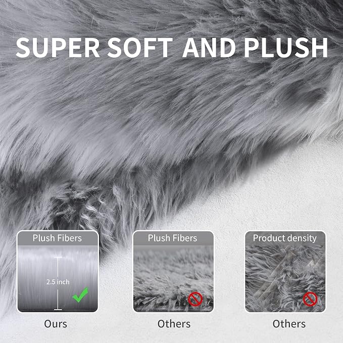 Faux Fur Rug for Bedroom, 2x6ft Grey Plush Area Shag Rugs Floor Carpets for - Image 6