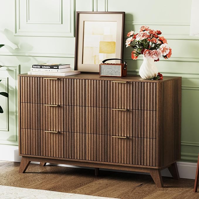 VINGLI Fluted Walnut Dresser 6 Drawer, Dark Brown Wood Dresser by VINGLI