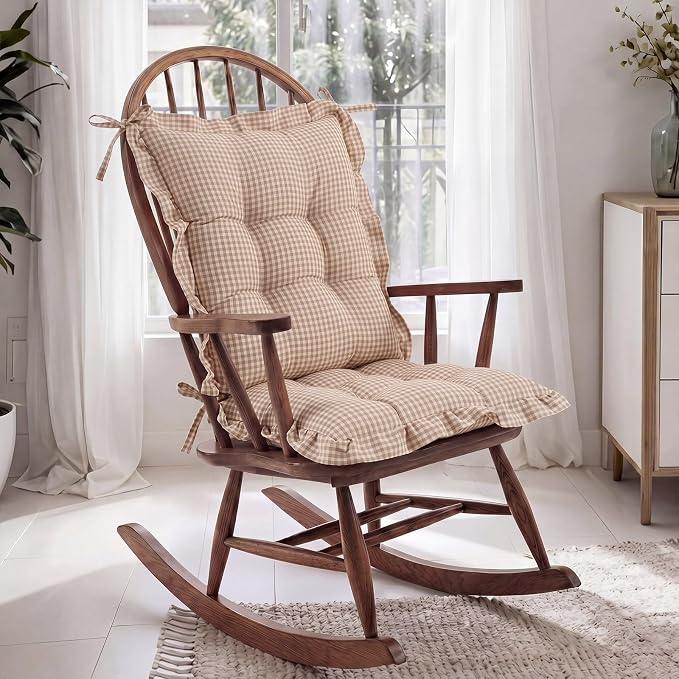 Lewtemi 2 Set Brown Gingham Rocking Chair Cushion Village Ruffled Rocking Chair - Image 3